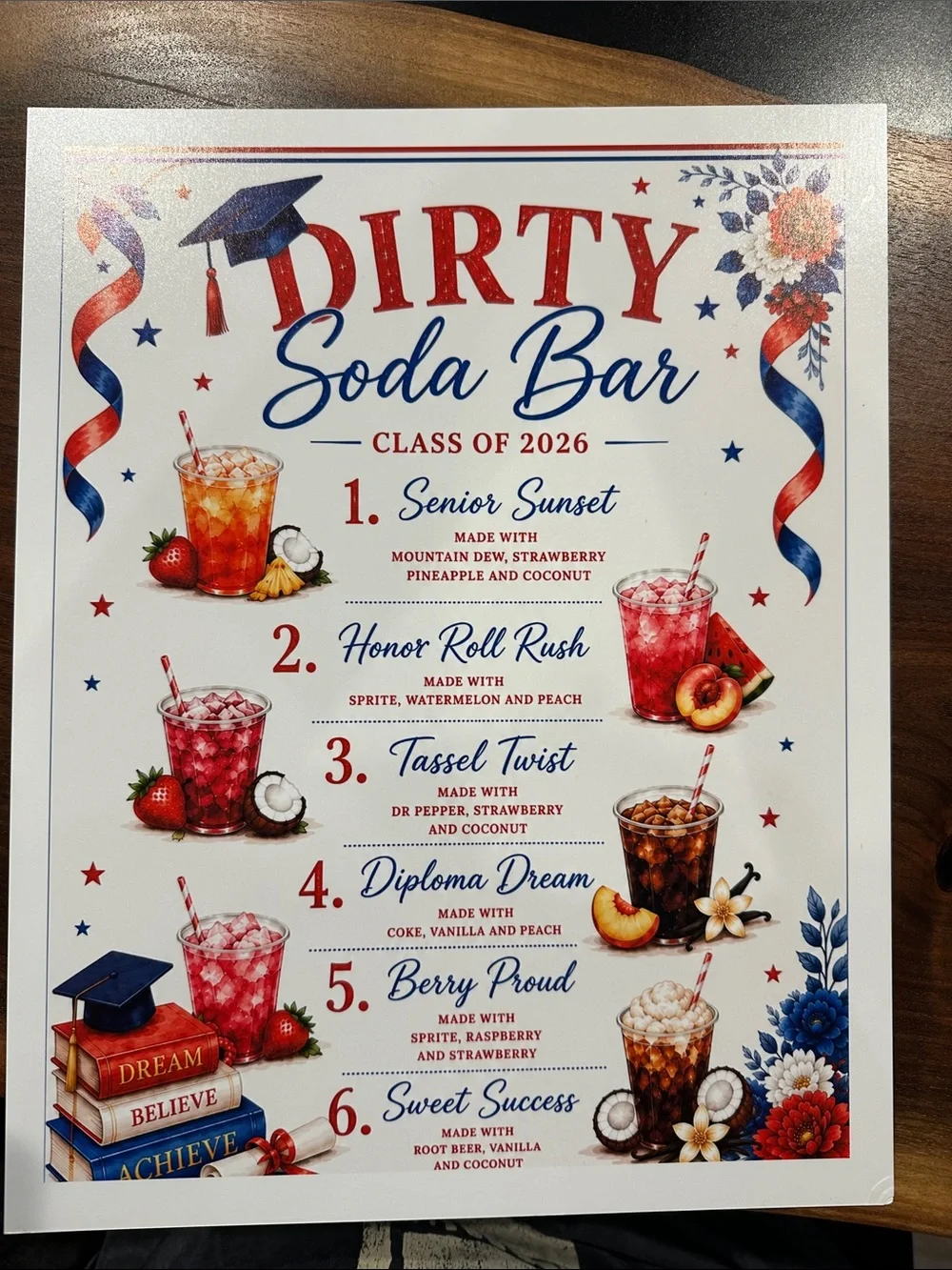 Graduation Dirty Soda Bar Sign - Red, Blue & White